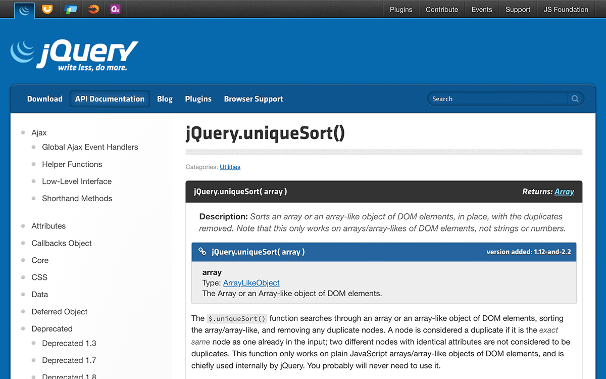 jQuery $.uniqueSort() メソッド